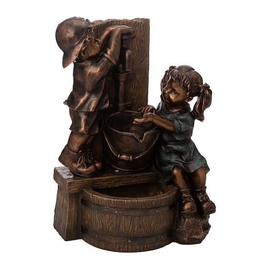 Glitzhome&#xAE; 25&#x22; Polyresin Boy and Girl Sculptural Outdoor Fountain